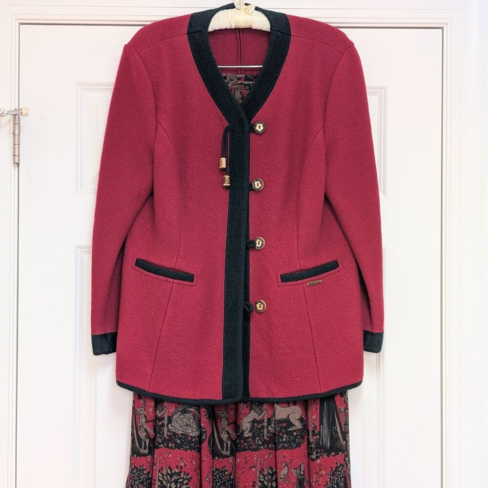 Geiger of Austria ensemble:  boiled wool jacket & matching pleated print skirt